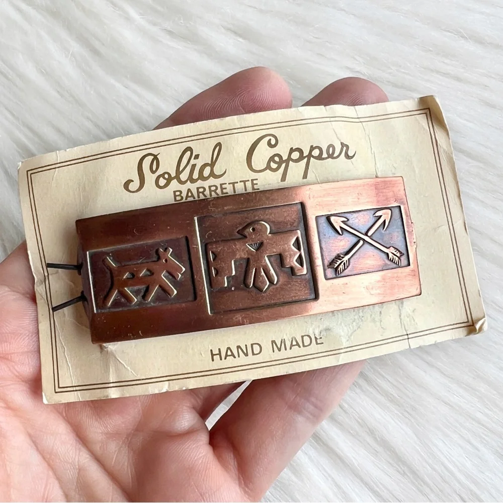 VINTAGE Solid Copper Southwestern Clip Barrette • Thunderbird Arrows Horse NWT